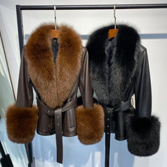 Women's Luxe Leather Winter Jacket with Fox Fur Collar