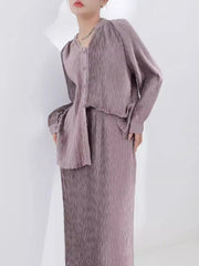 Designer Pleated Cardigan & Long Skirt Set