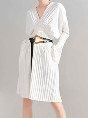 HEYFANCYSTYLE White Oversized Pleated V-Neck Dress