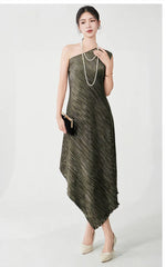 Asymmetric Pleated Midi Dress