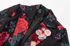 Women's Slim Fit Black Floral Rose Trench Coat