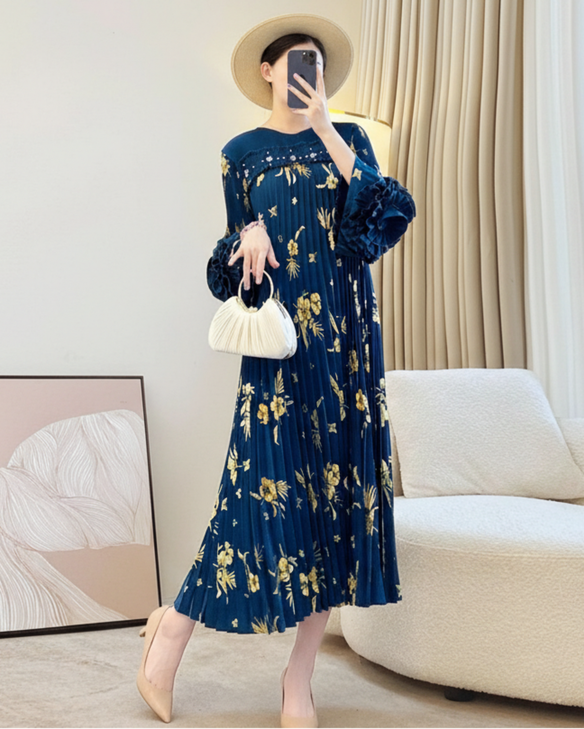 Plissé Floral Sleeve Dress