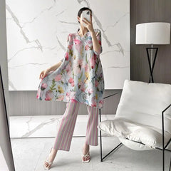 Luxury Floral Pleated Tunic & Striped Wide-Leg Pants Set