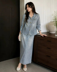 Washed Denim Plissé Skirt Set