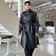 Men's Classic Black Faux Leather Trench Coat