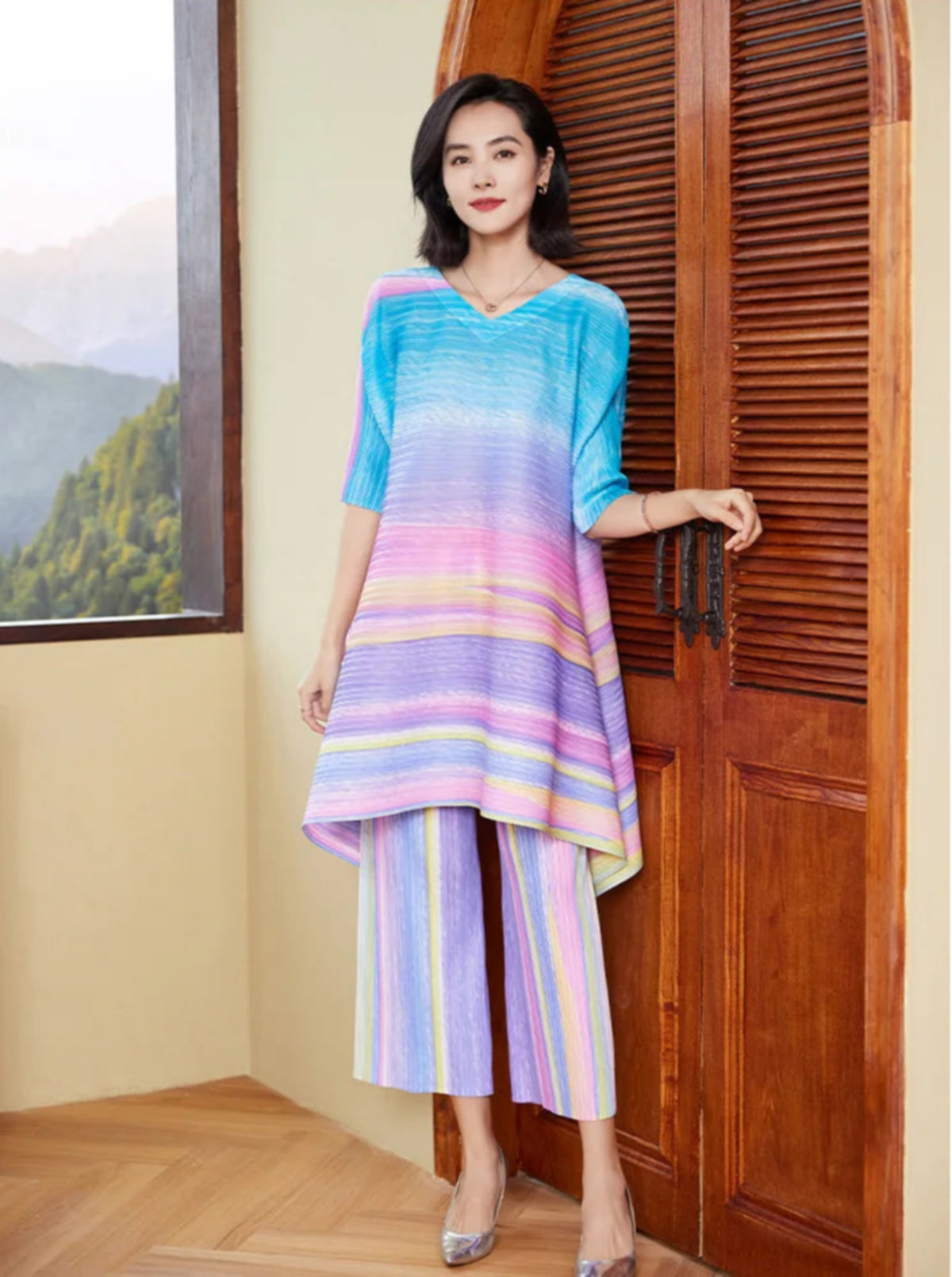 Pastel Plissé Pleated Tunic Top & Wide-Leg Pants