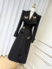 Luxury Black Belted Long Coat with Butterfly Details