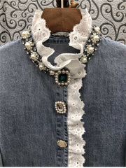 HEYFANCYSTYLE Denim Jewel Embellished Blouse