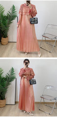 Pleated Modest Metallic Long Sleeve Midi Dress