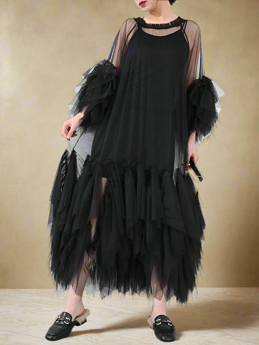 Couture Black Ruffled Sheer Tulle Maxi Dress