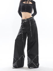 High-Fashion Metal-Accented Wide Leg Leather Pants