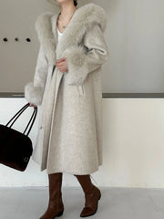 Luxury Wool-Blend Faux Fur Hooded Coat