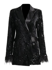 Women's Feather Sleeve Black Sequin Boyfriend Blazer