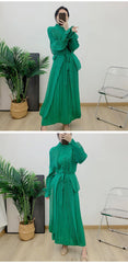 Plissé Pleated Chiffon Long Sleeve Midi Dress