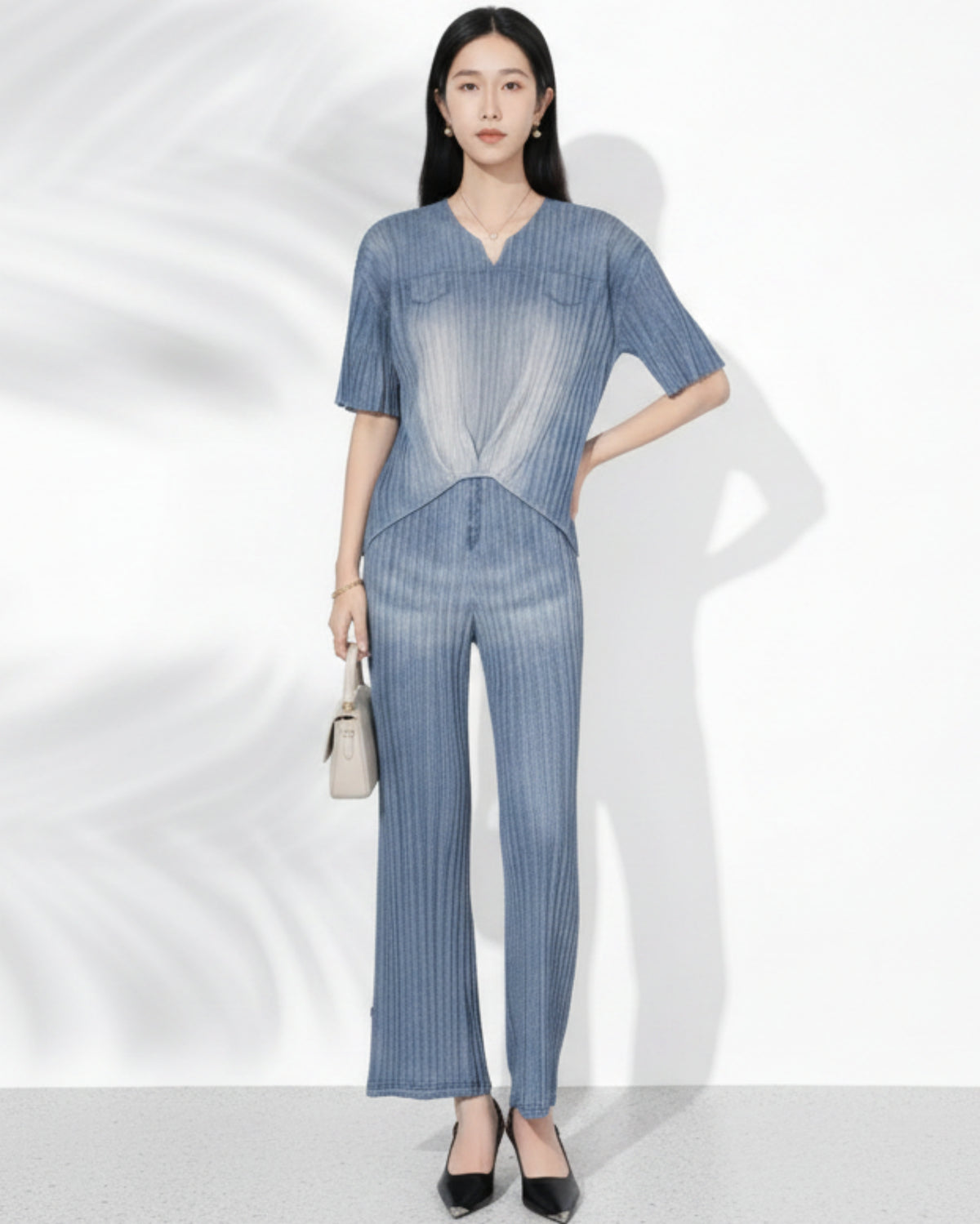 Ombre Denim Plisse Pants Set