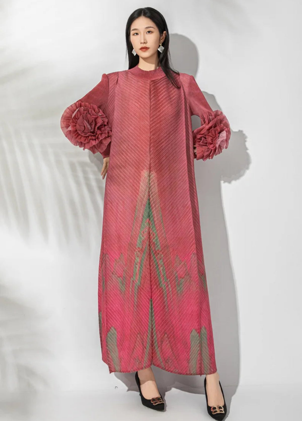 Plissé Maxi Lantern Sleeves Dress