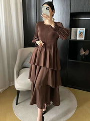 Pleated Lantern Sleeve Ruffle Dress