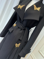 Luxury Black Belted Long Coat with Butterfly Details