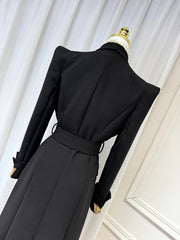 Luxury Black Belted Long Coat with Butterfly Details