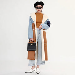 Women's Elegant Denim and Woolen Long Coat