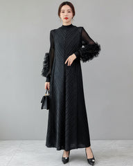 Plissé Long Sleeve Kaftan Dress