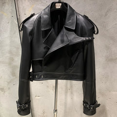 Luxury Women's Genuine Leather Belted Moto Jacket