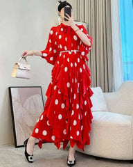Luxe Pleated Polka Dot Dress