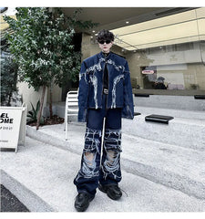 Men's Casual Streetwear Dark Denim 2-Piece Set