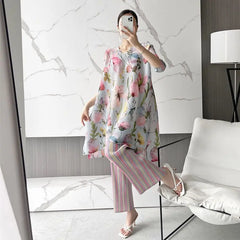 Luxury Floral Pleated Tunic & Striped Wide-Leg Pants Set