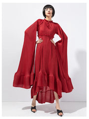 Women's Pleated Midi Dress with Elegant Cape