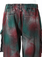 Women's Green & Red Dyed Denim Cargo Jeans