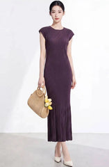 Plissé Cap Sleeve Midi Dress