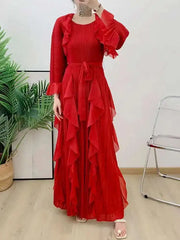 Luxury Pleated Ruffle Midi Dress
