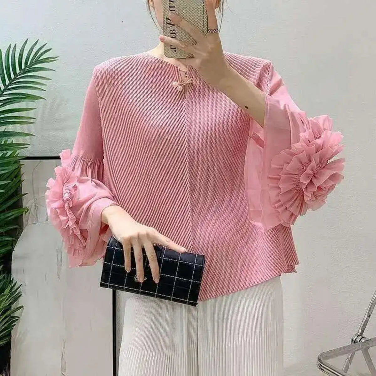 Luxury Pleated Ruffle Cuff Blouse