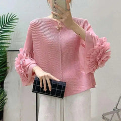 Luxury Pleated Ruffle Cuff Blouse