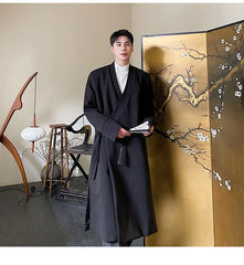 Men's Black Kimono Wrap Wool Long Coat