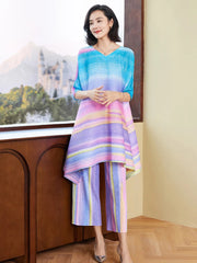 Pastel Plissé Pleated Tunic Top & Wide-Leg Pants