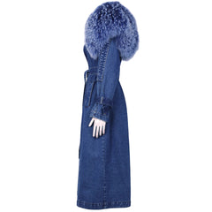 Luxury Denim Trench Coat With Genuine Fur Collar