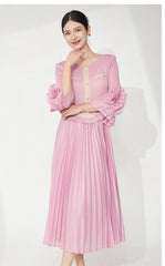 Elegant Ruffle Bell Sleeve Pleated Dress