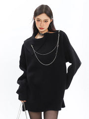 Irregular Collar Sweater with a Brooch Chain Detail