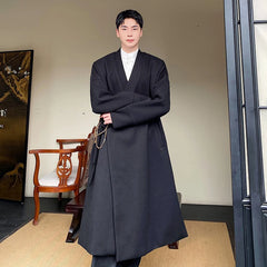 Men's Black Kimono Wrap Wool Long Coat