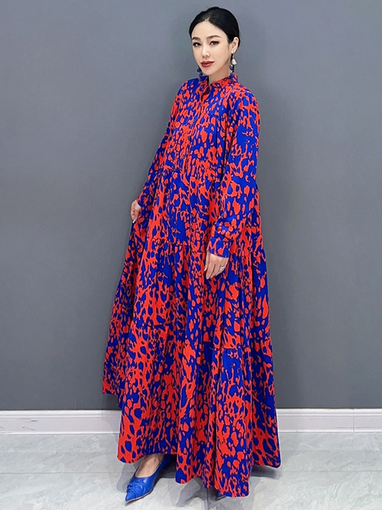 Trendy Luxe Red and Blue Comfortable Long Dress
