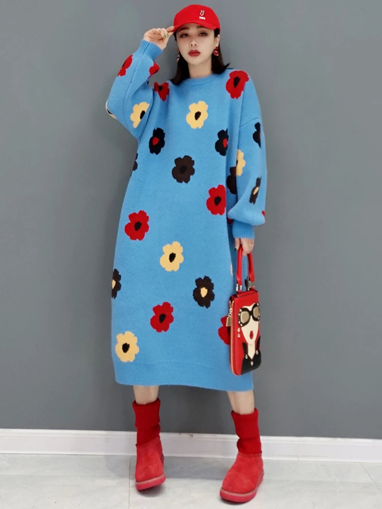 HEYFANCYSTYLE Cheerful Blossoms Knitted Sweater Dress
