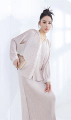 Designer Pleated Cardigan & Long Skirt Set