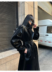 Women's Elegant Black Oversized Faux Leather Coat