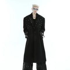 Men's Extra Long Black Trench Coat with Pearls