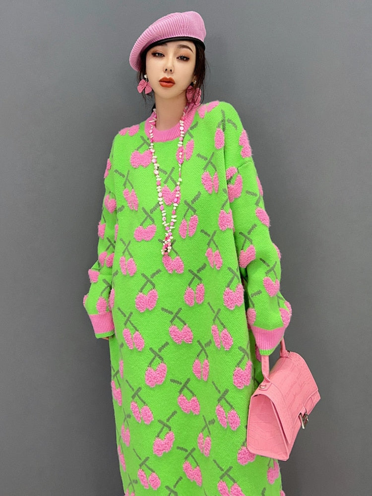 Lucky Green and Pink Long Sleeve Sweater Dress
