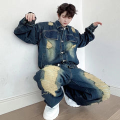 Men's Tokyo Edge Distressed Denim Streetwear Jeans Set