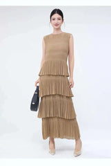 Unique Tiered Pleated Sleeveless Dress