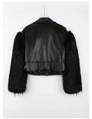 Cropped Motorcycle Faux Leather & Fur Jacket